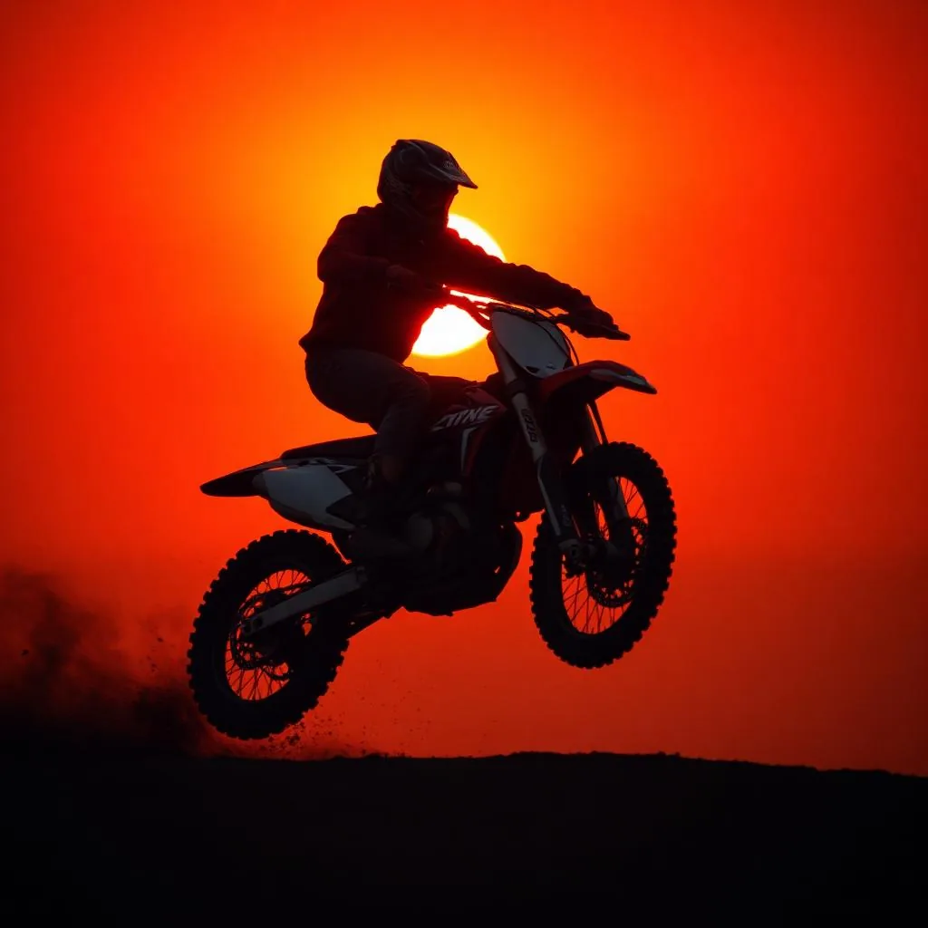 Piloto MX en salto whip contra atardecer