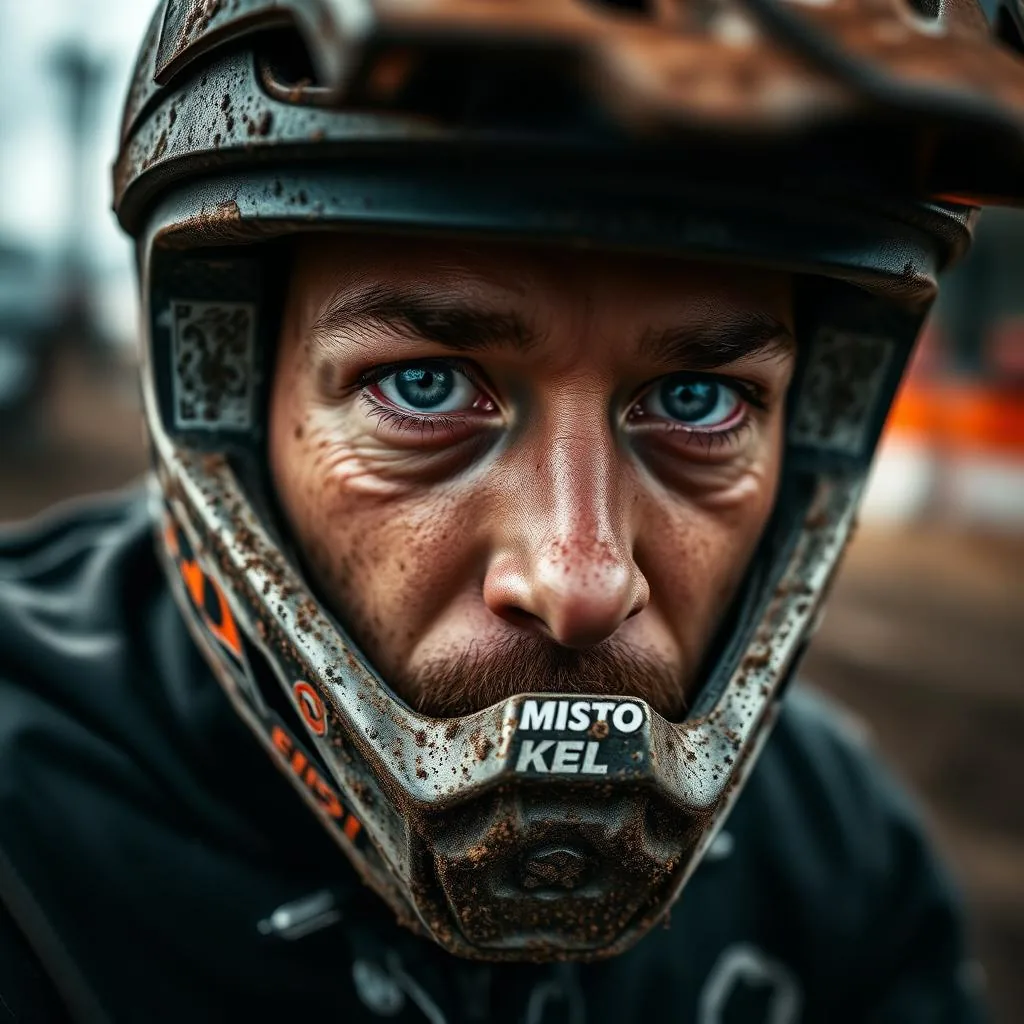 Retrato de piloto con casco embarrado